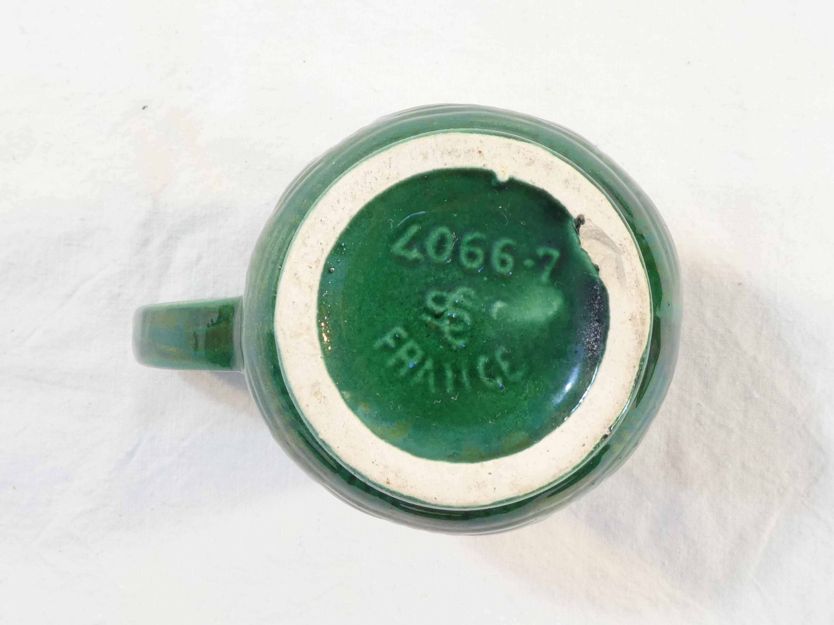 Old Little Vintage Green Pitcher in faience of ST CLEMENT flower basket decor