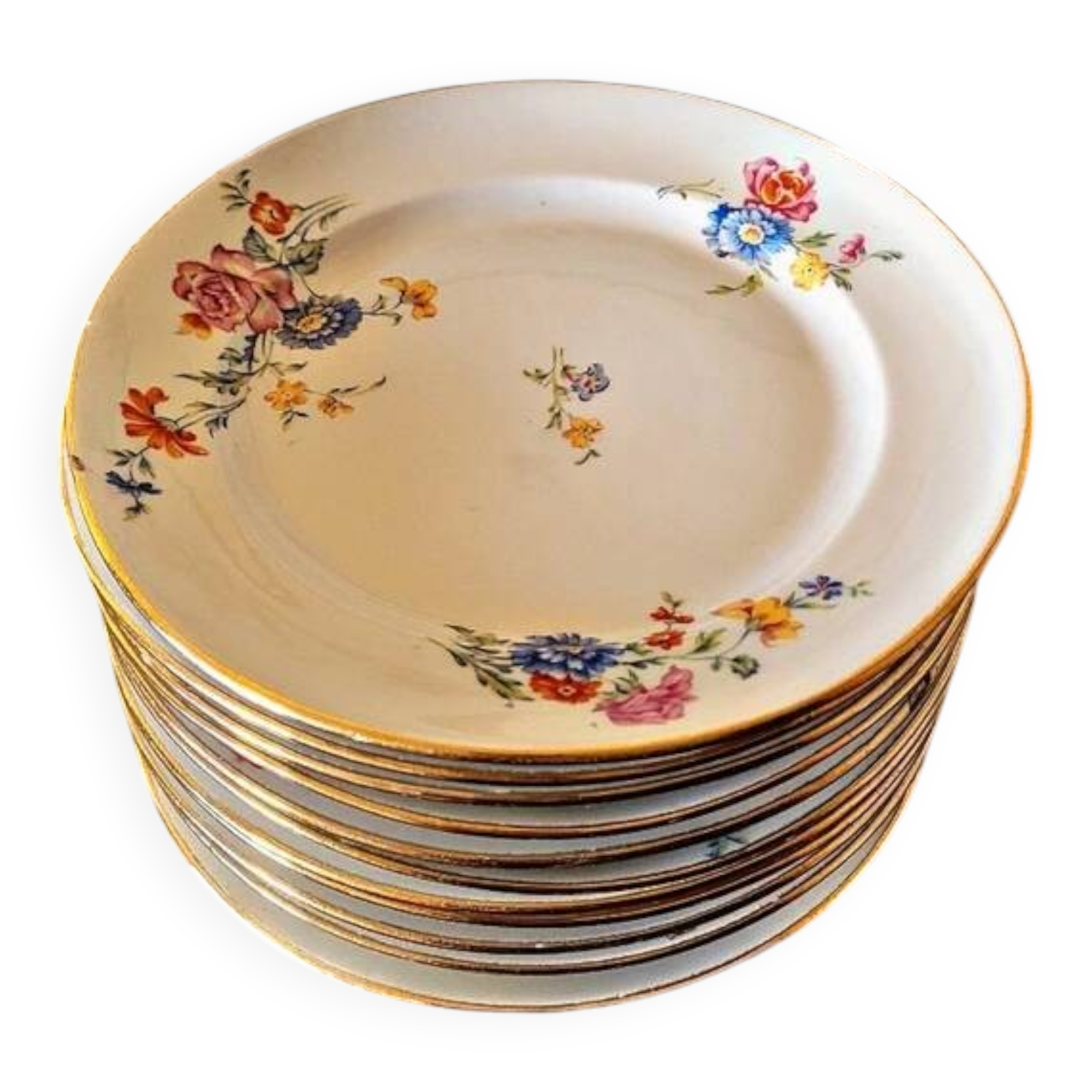 12 M8S France porcelain dessert plates, floral design