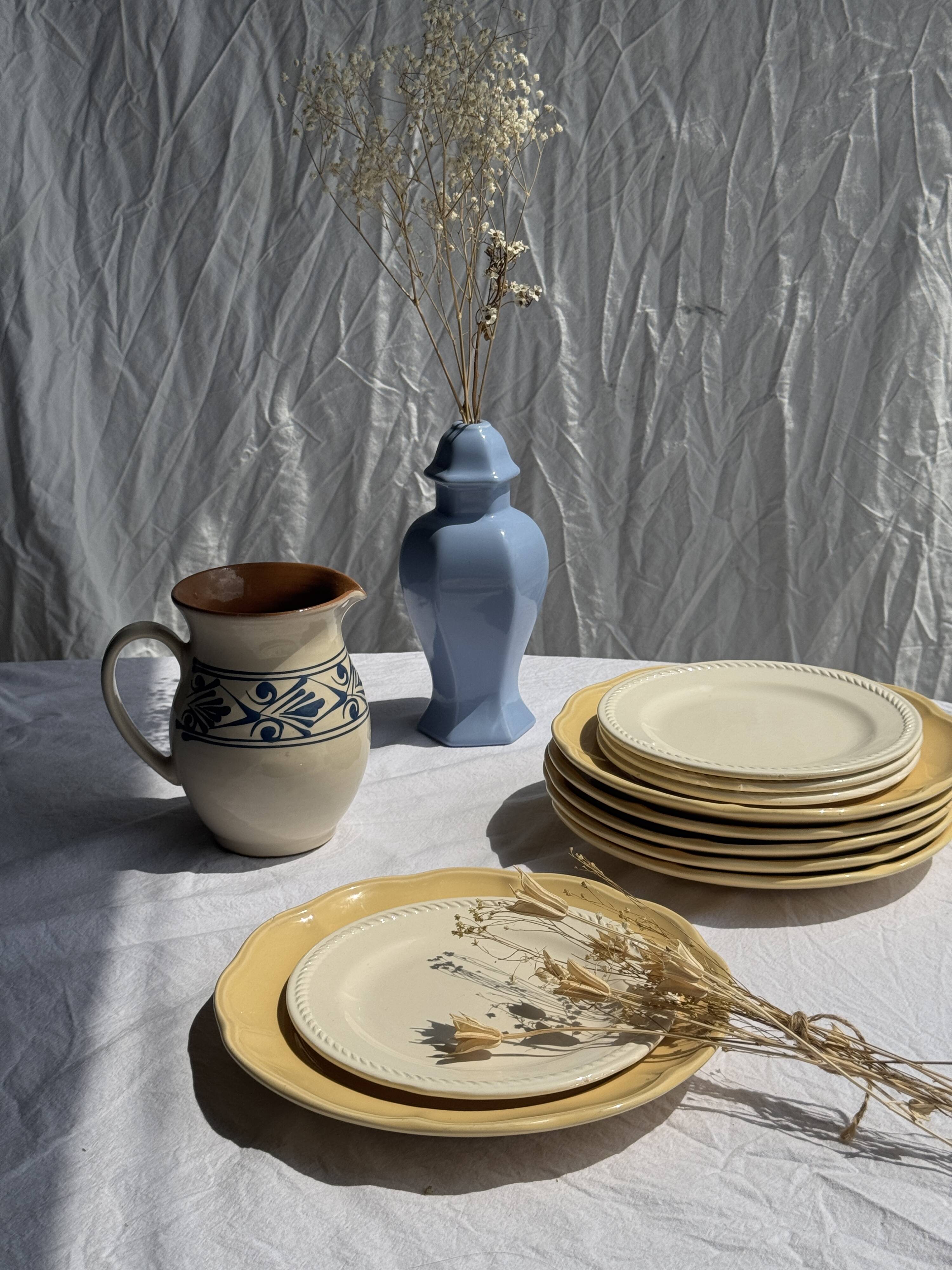 Vintage white pitcher with stylized blue plant frieze H17.5