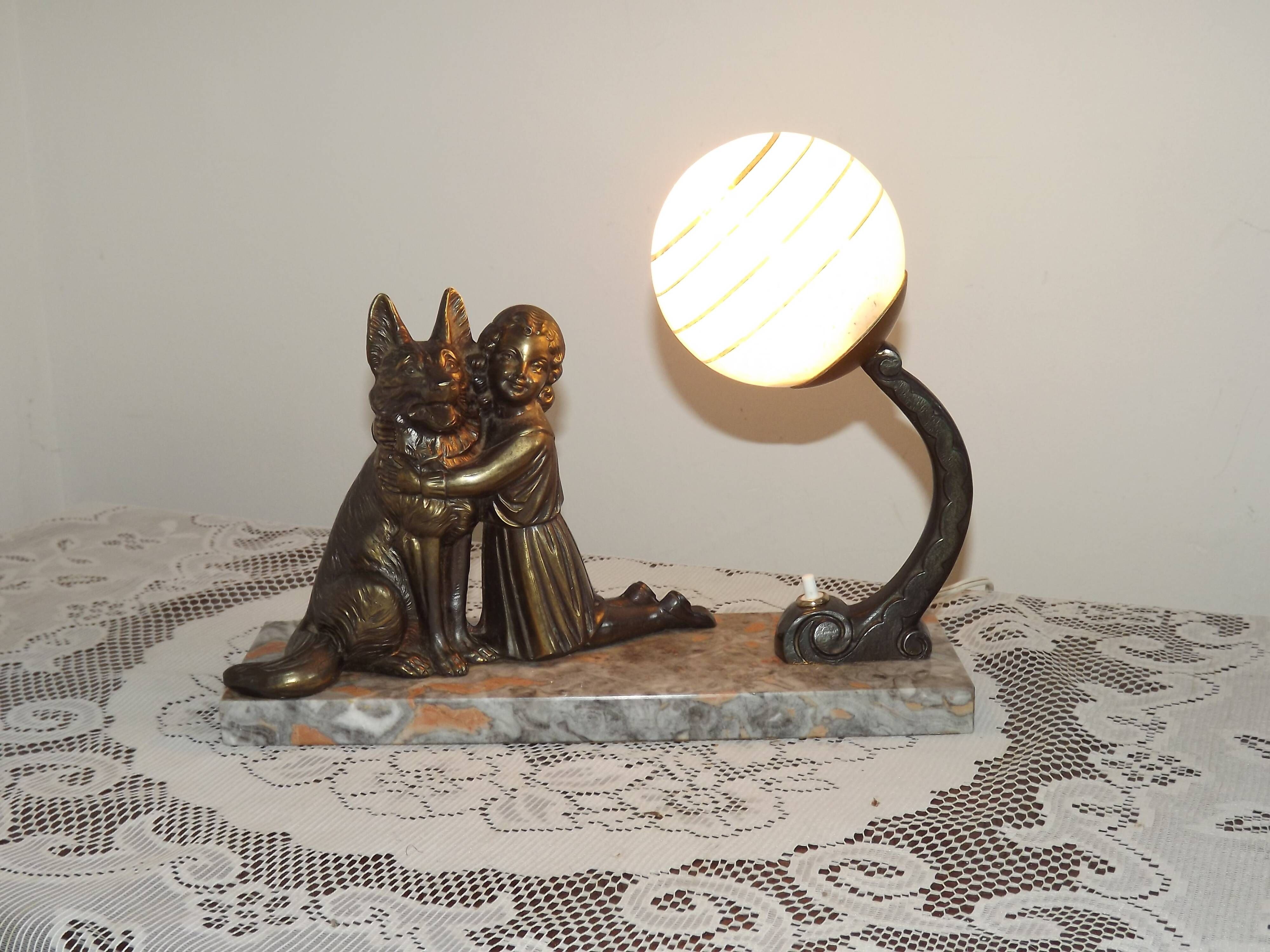 French Art Deco Table Lamp – Kneeling Girl with Dog & Clichy Glass Shade
