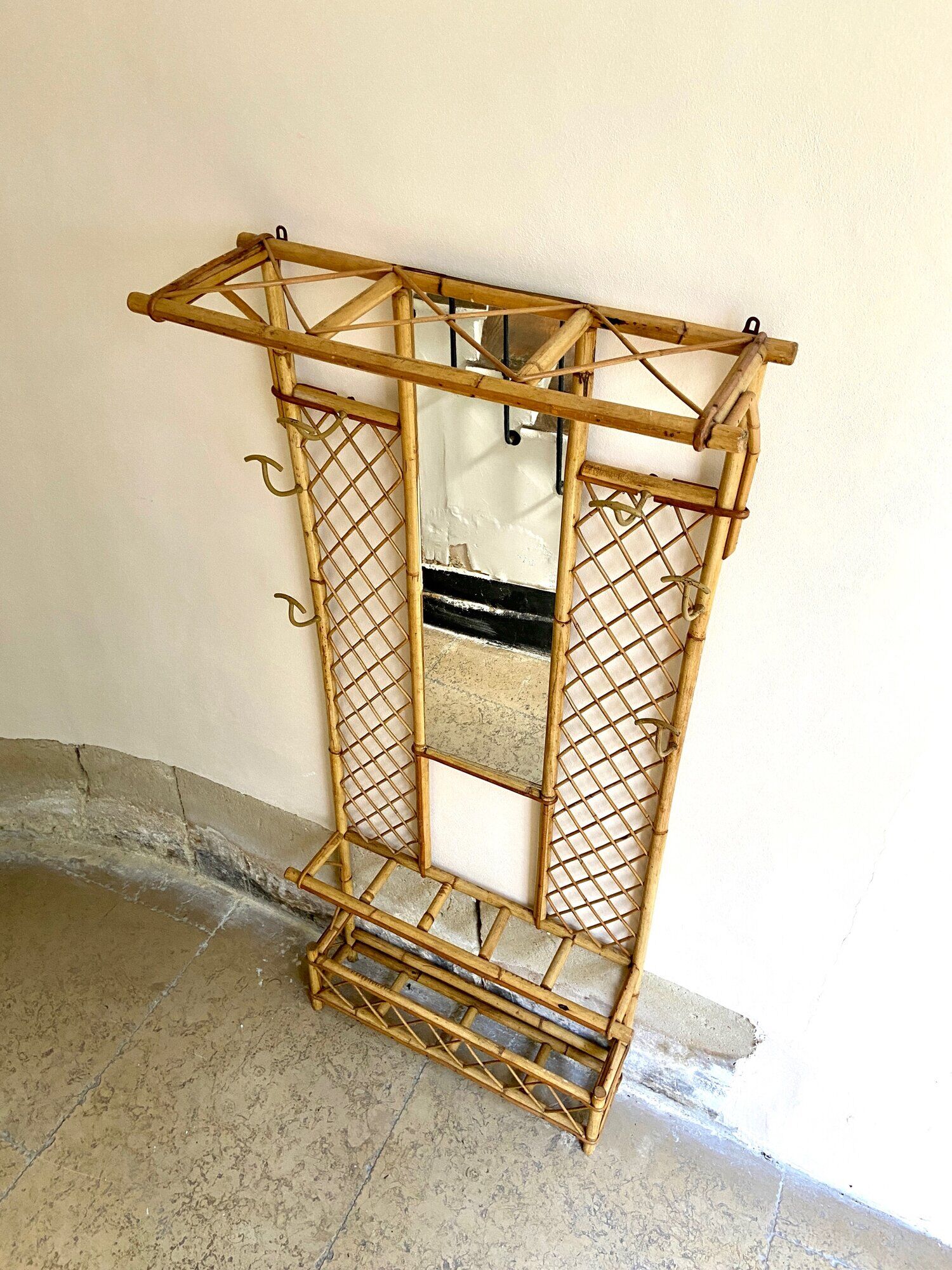 Wall-mounted coat rack with mirror and umbrella stand, 1950s-60s