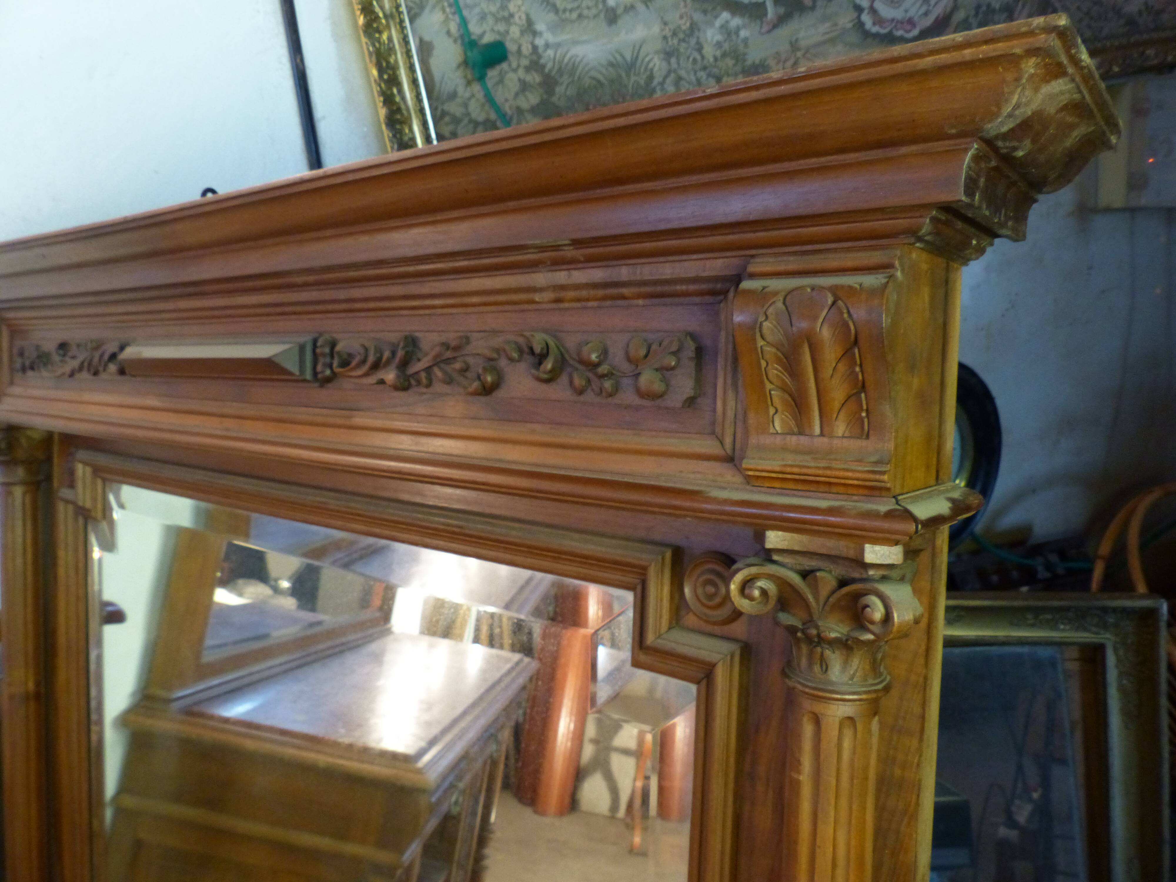 Old very large mirror Henri 2 wooden frame with columns beveled glass