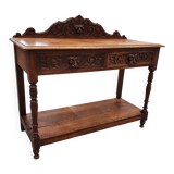 Victorian Gothic Oak side table, decorative carved round 1920. Green Mask decoration