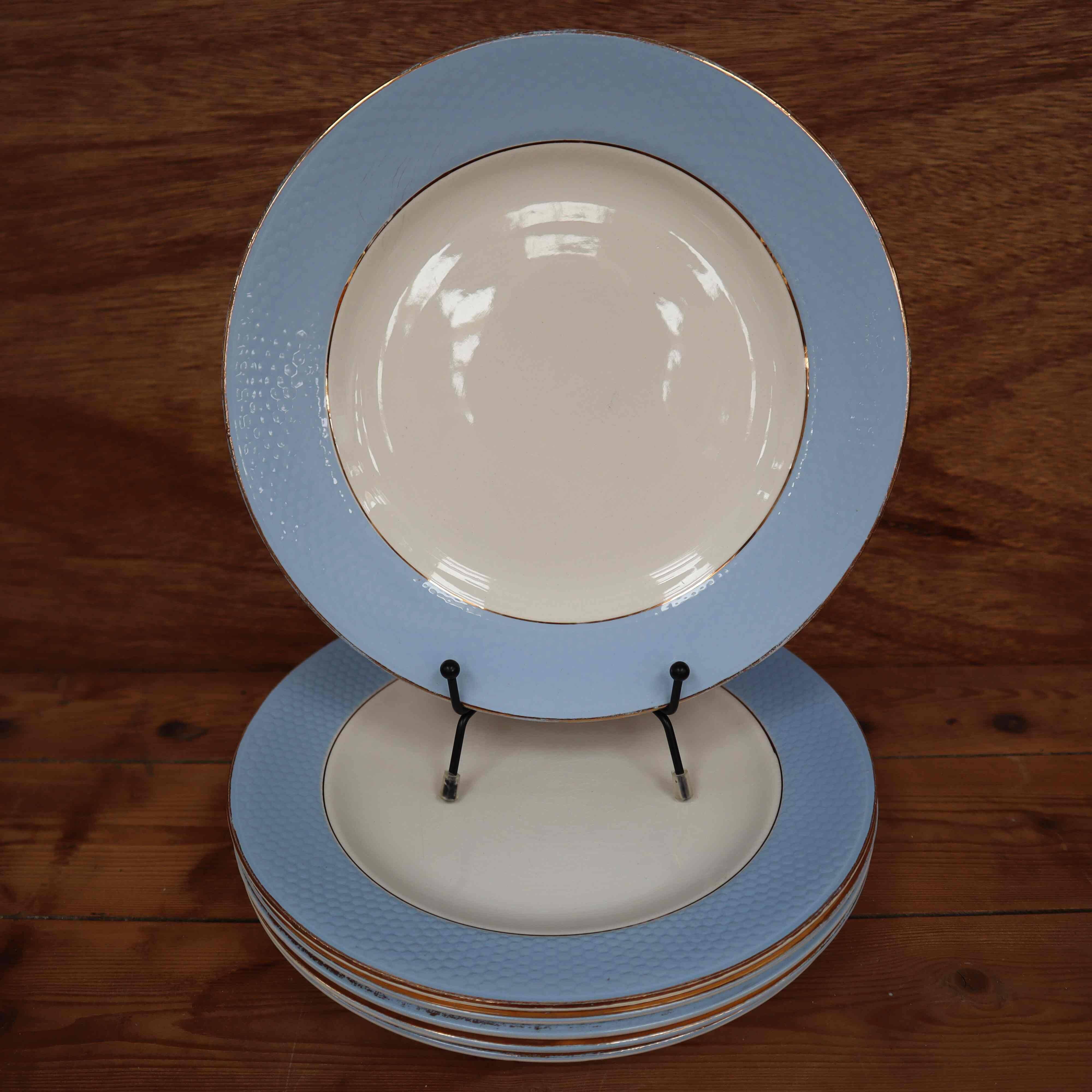 Set of 6 flat plates l'Amandinoise blue and gold outline 7885