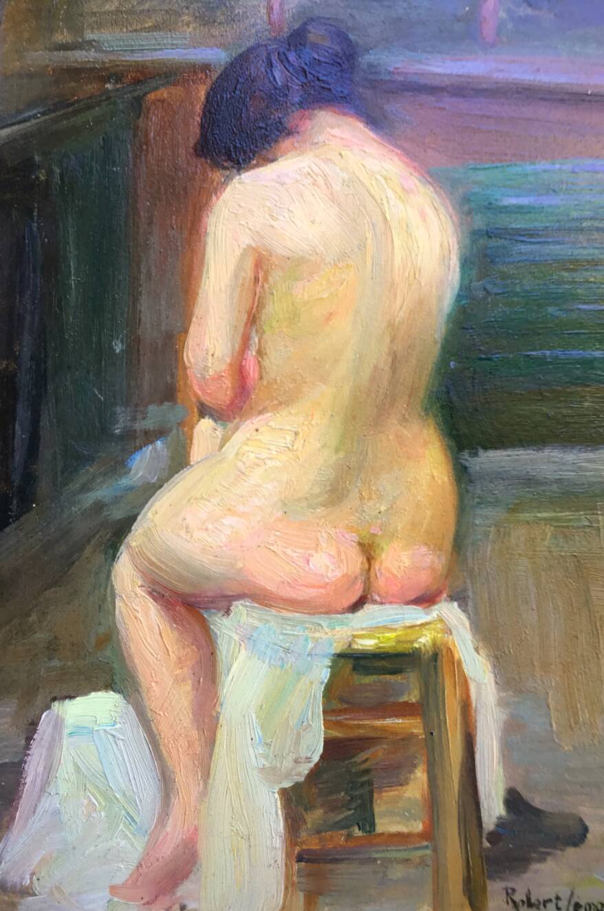 Robert Lemarriez. Nude from behind. Oil on panel, signed and framed.