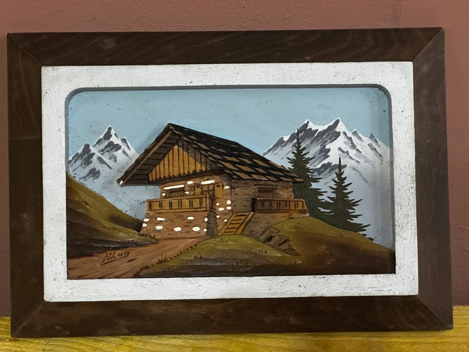 Vintage Alpine Table, Carved and Painted Wood - Signed - H 18 / L 25 cm