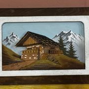 Tableau alpin vintage en bois sculpté et peint - signé