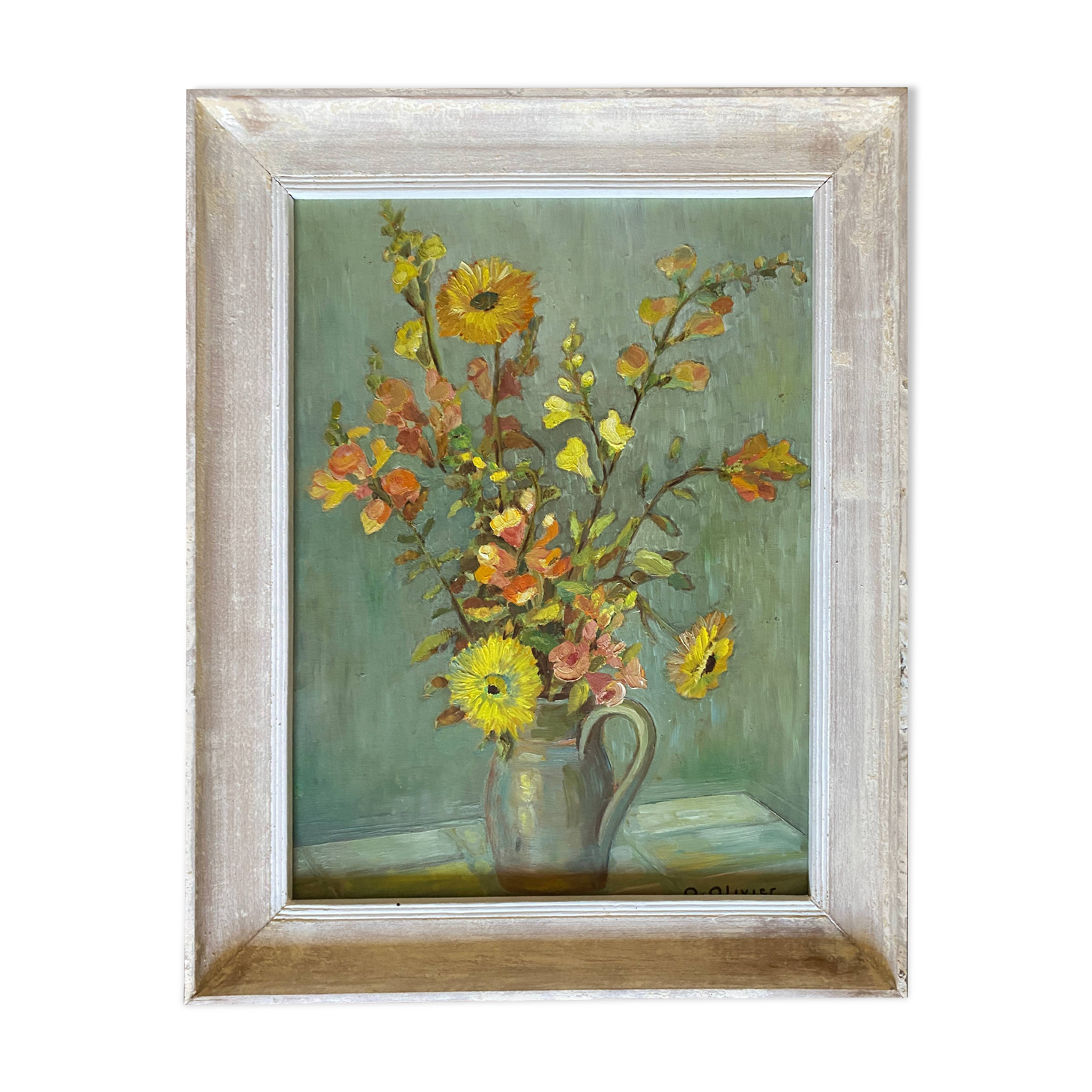HSP painting "vase with bouquet of flowers" signed O. Olivier + frame