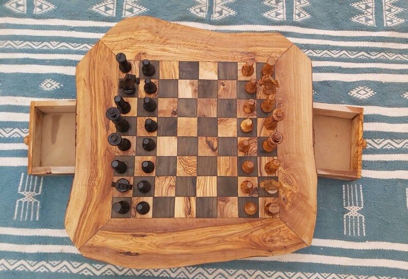 Rustic wooden chessboard with drawers, chess set 19