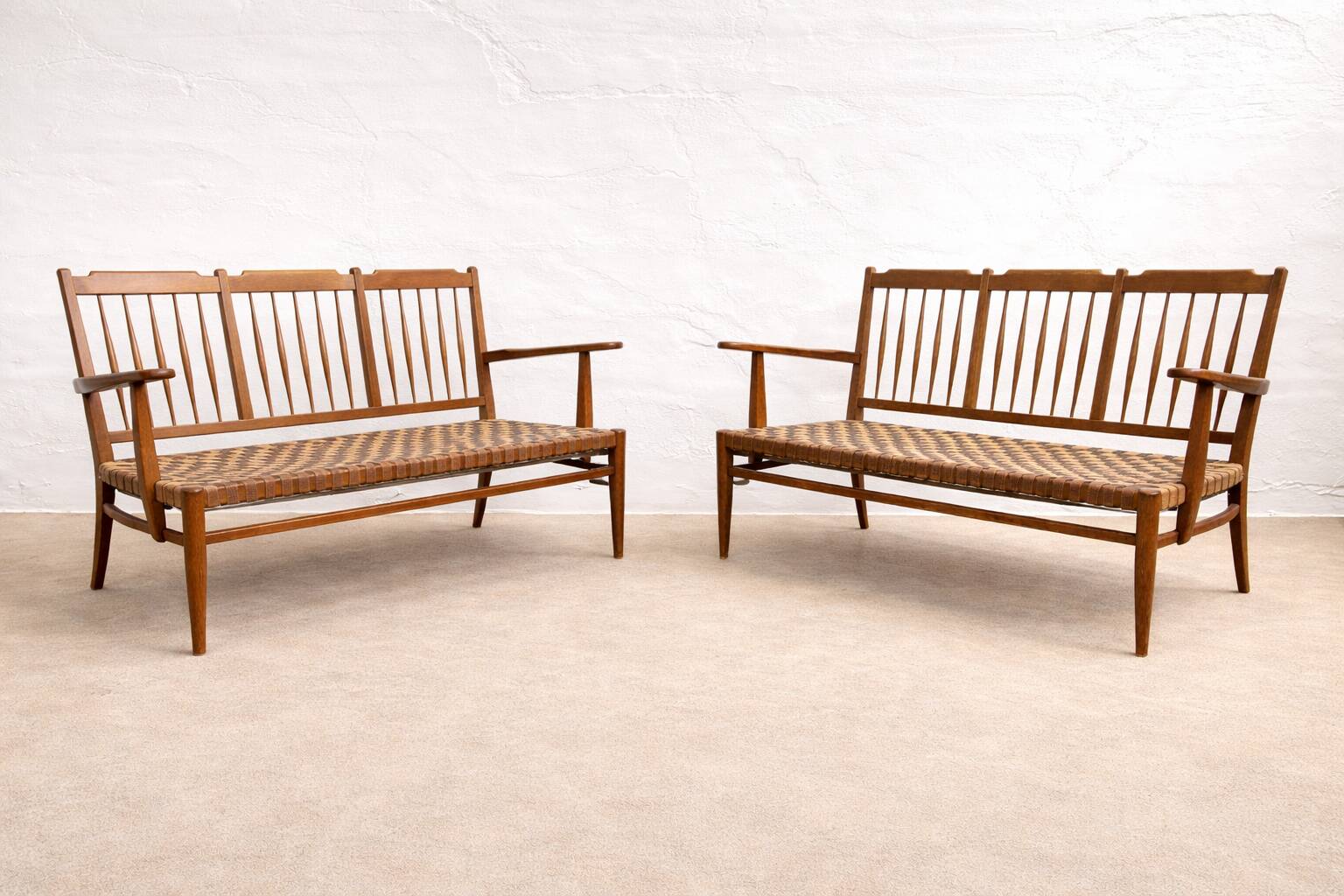 Lajos Kozma, pair of mid-century Hungarian oak sofa-bench & chairs in untouched condition, 1940s Hungary (extremely rare)