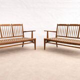 Lajos Kozma, pair of mid-century Hungarian oak sofa-bench & chairs in untouched condition, 1940s Hungary (extremely rare)