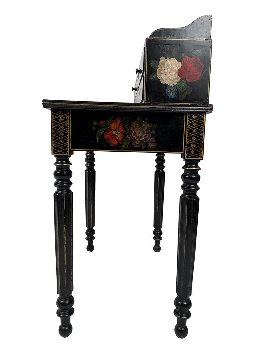 Bonheur du jour in black lacquered wood with rich painted decorations of flowers and birds, Napoleon III