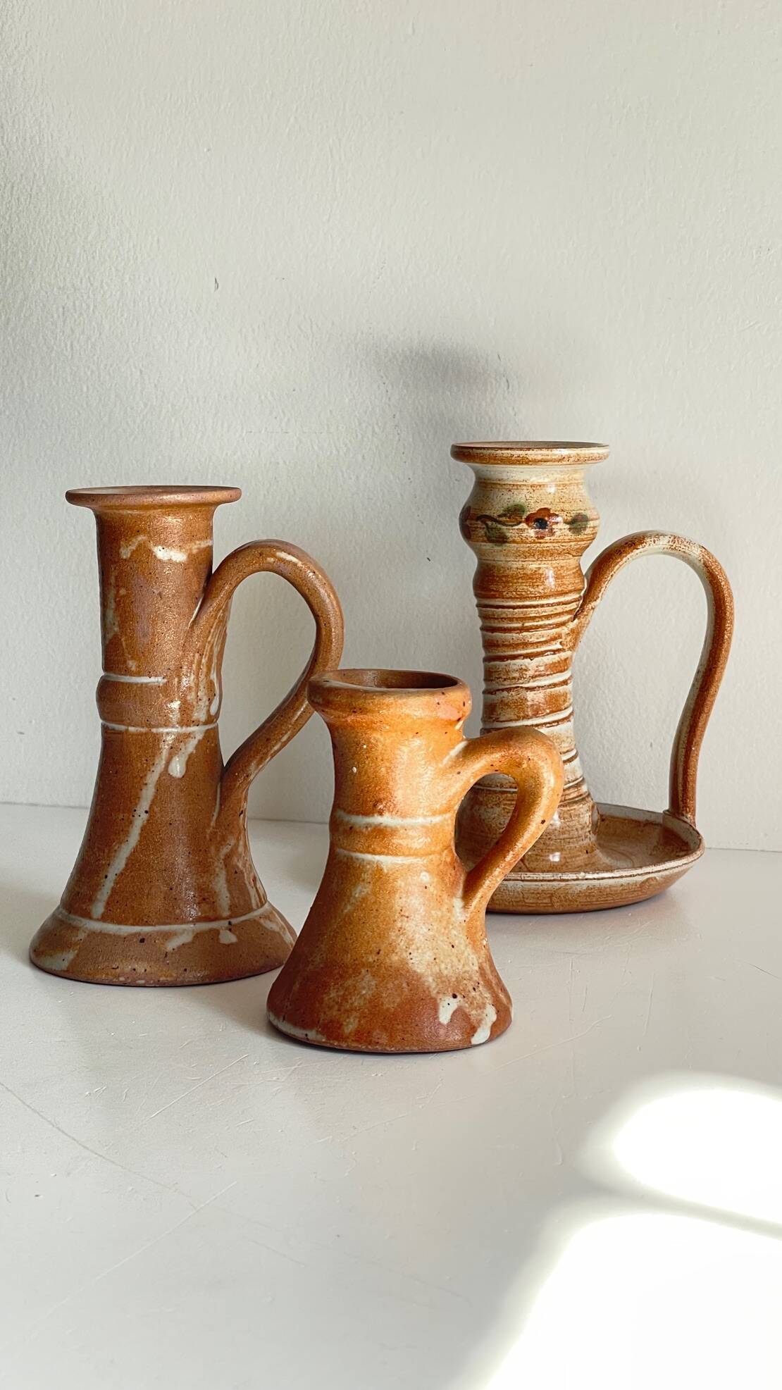 3 vintage handcrafted pottery candle holders