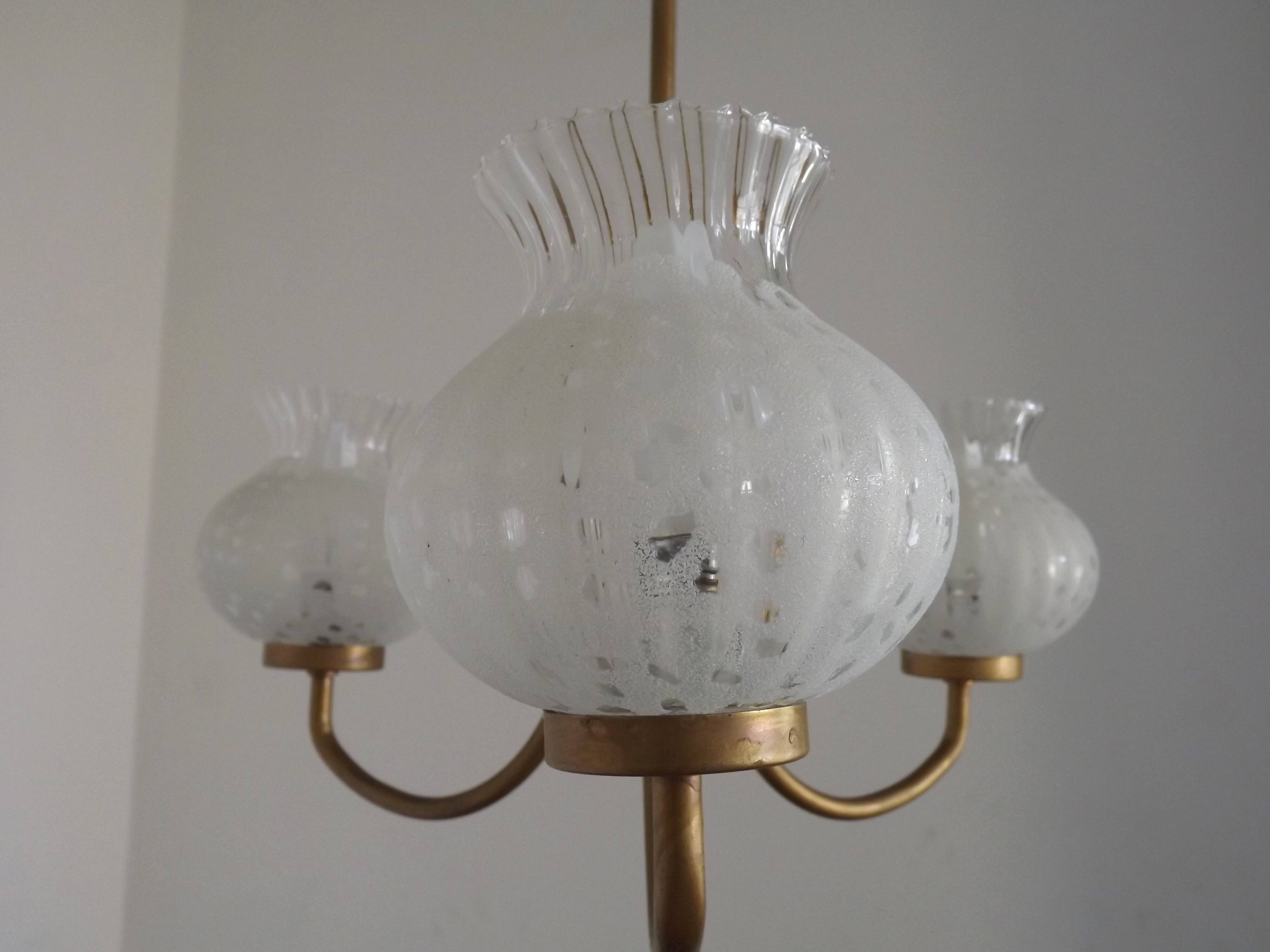 French Mid Century 3 Light Gold Metal Chandelier Textured Glass Shades