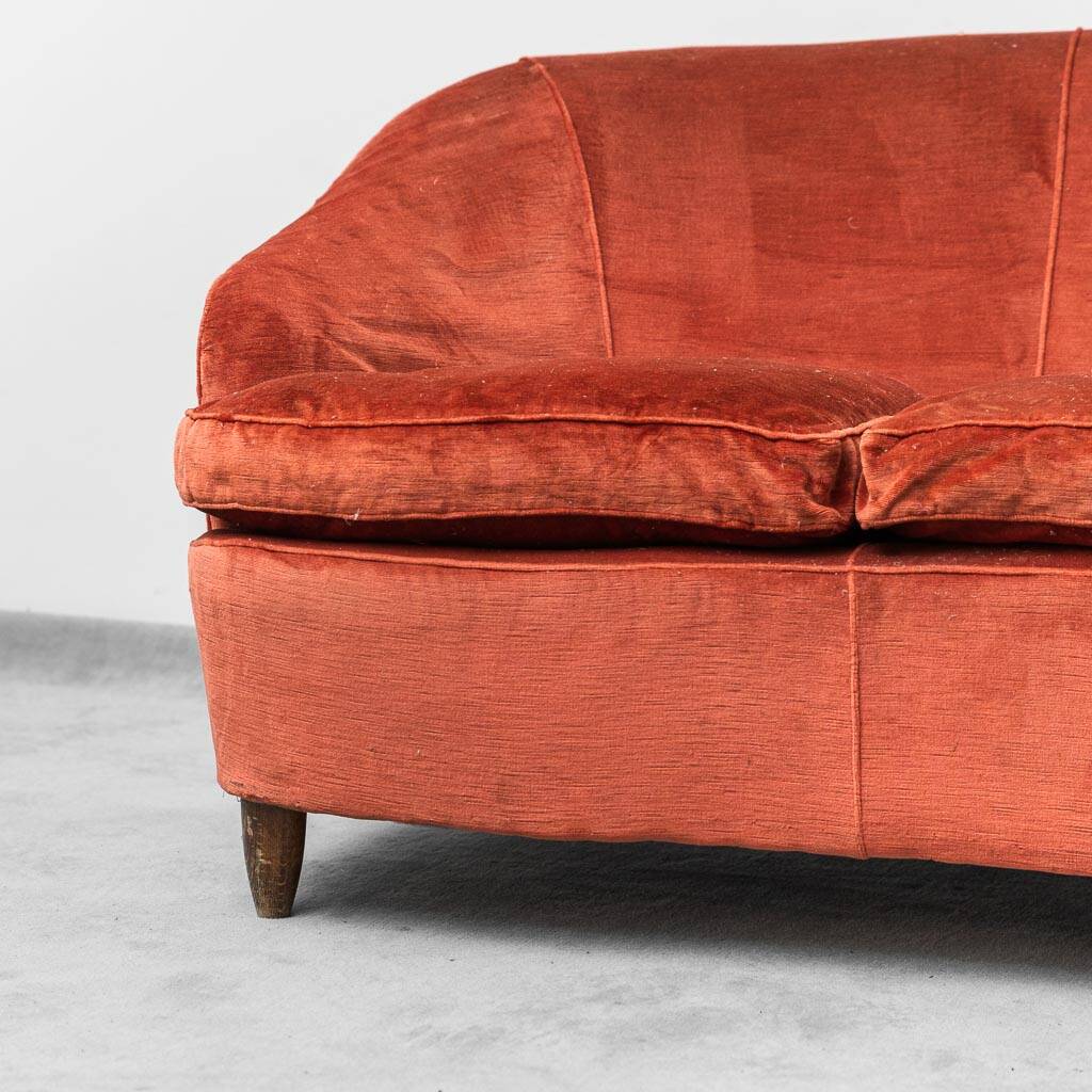 Divano 3 posti en velluto arancione anni '50 vintage modernariato