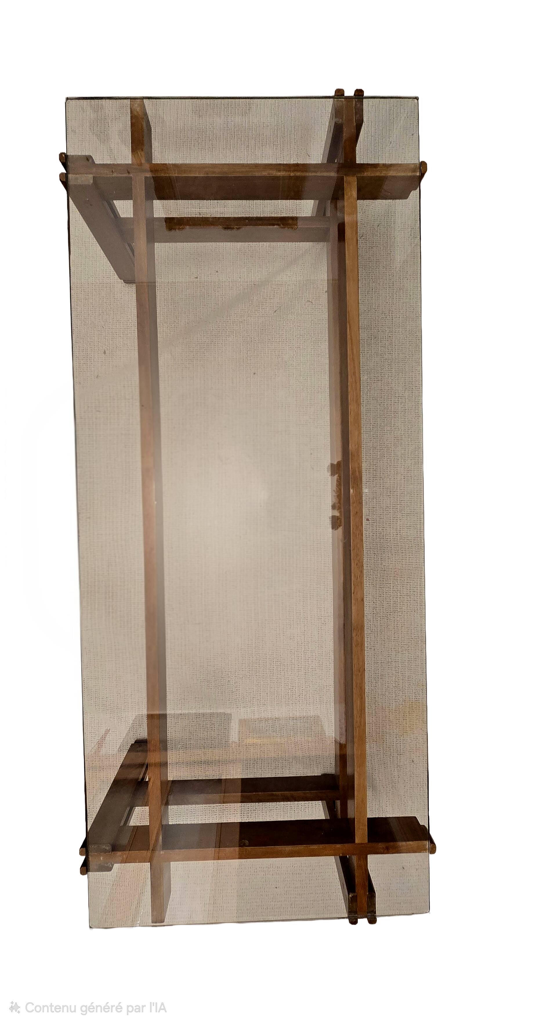 Glass coffee table with a wooden frame.