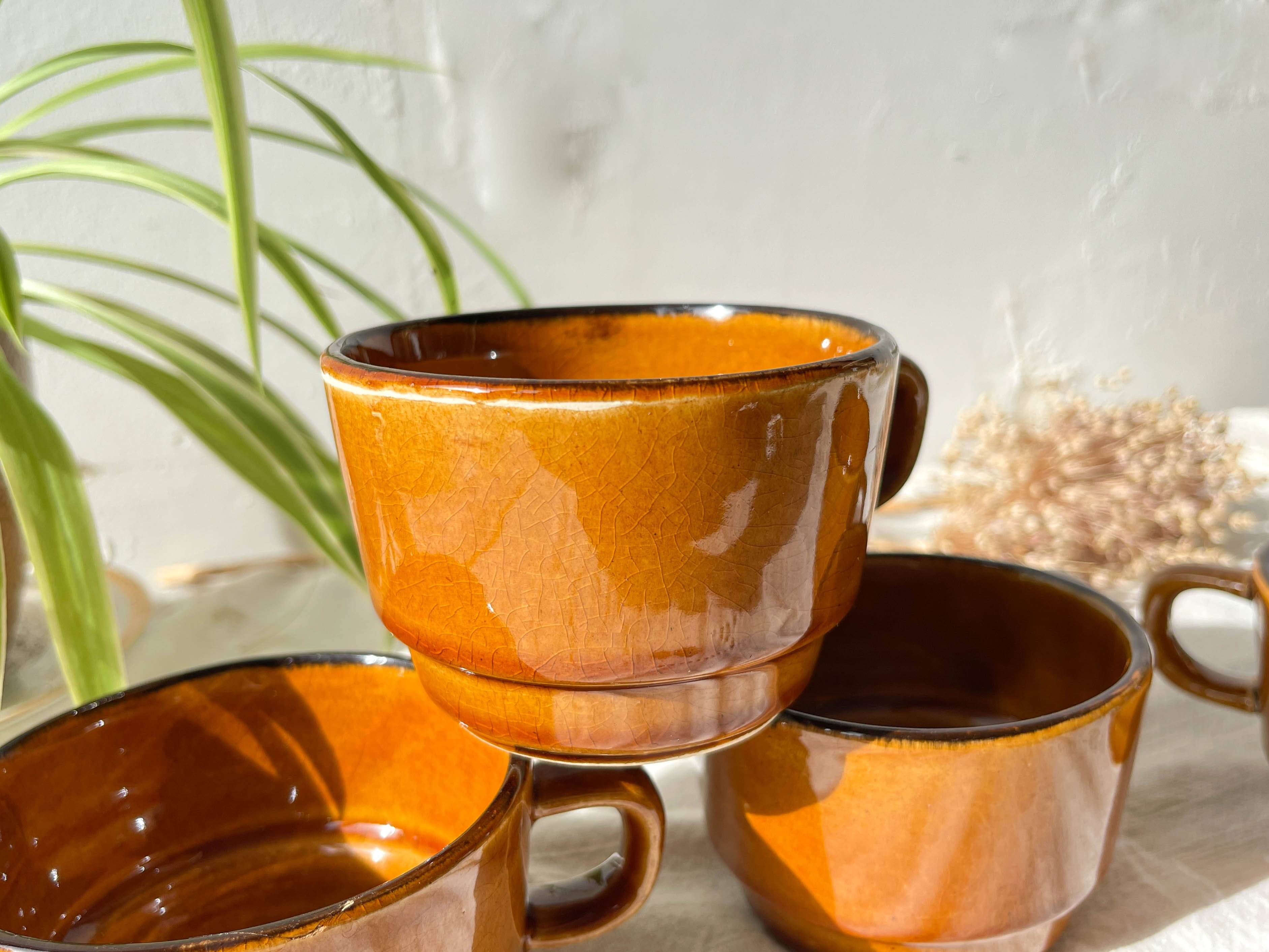 4 vintage dark caramel earthenware coffee/tea cups