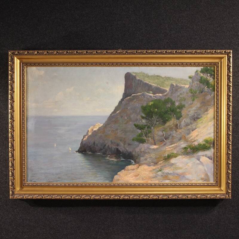Peinture de paysage signée vue sur la mer, Espagne 20e siècle