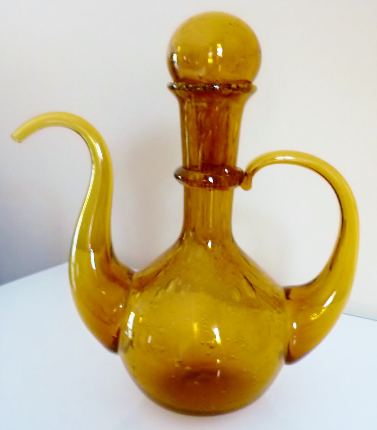 Blown glass carafe from Biot, amber, bubbled, vintage 70s