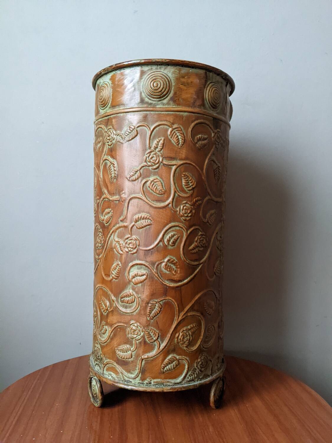 Metal repoussé umbrella stand bohemian country decor