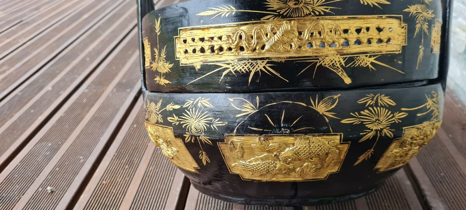 Panier de mariage chinois en bois et osier noir laqué et or