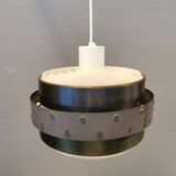 Metal hanging lamp with top and bottom grid of hard moulded plastic. Estimated 1970s.