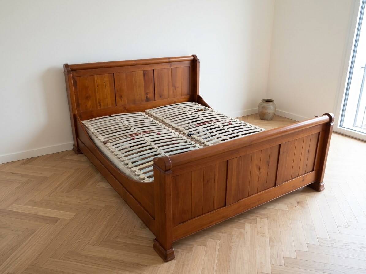 Double bed 160 cm in solid walnut with electric mattress base.