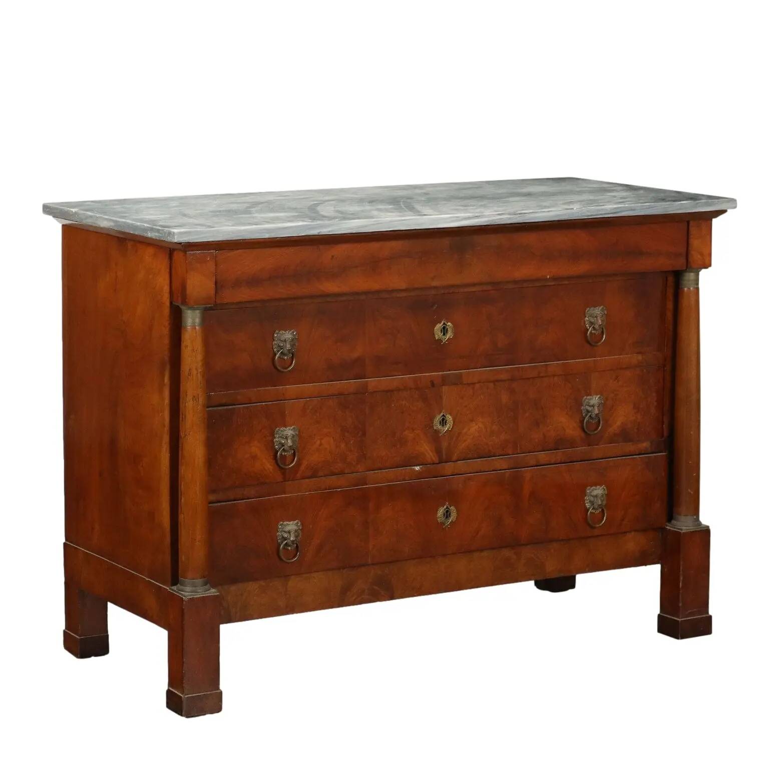 Antique Empire walnut commode with 4 drawers, Italy, 19th century.