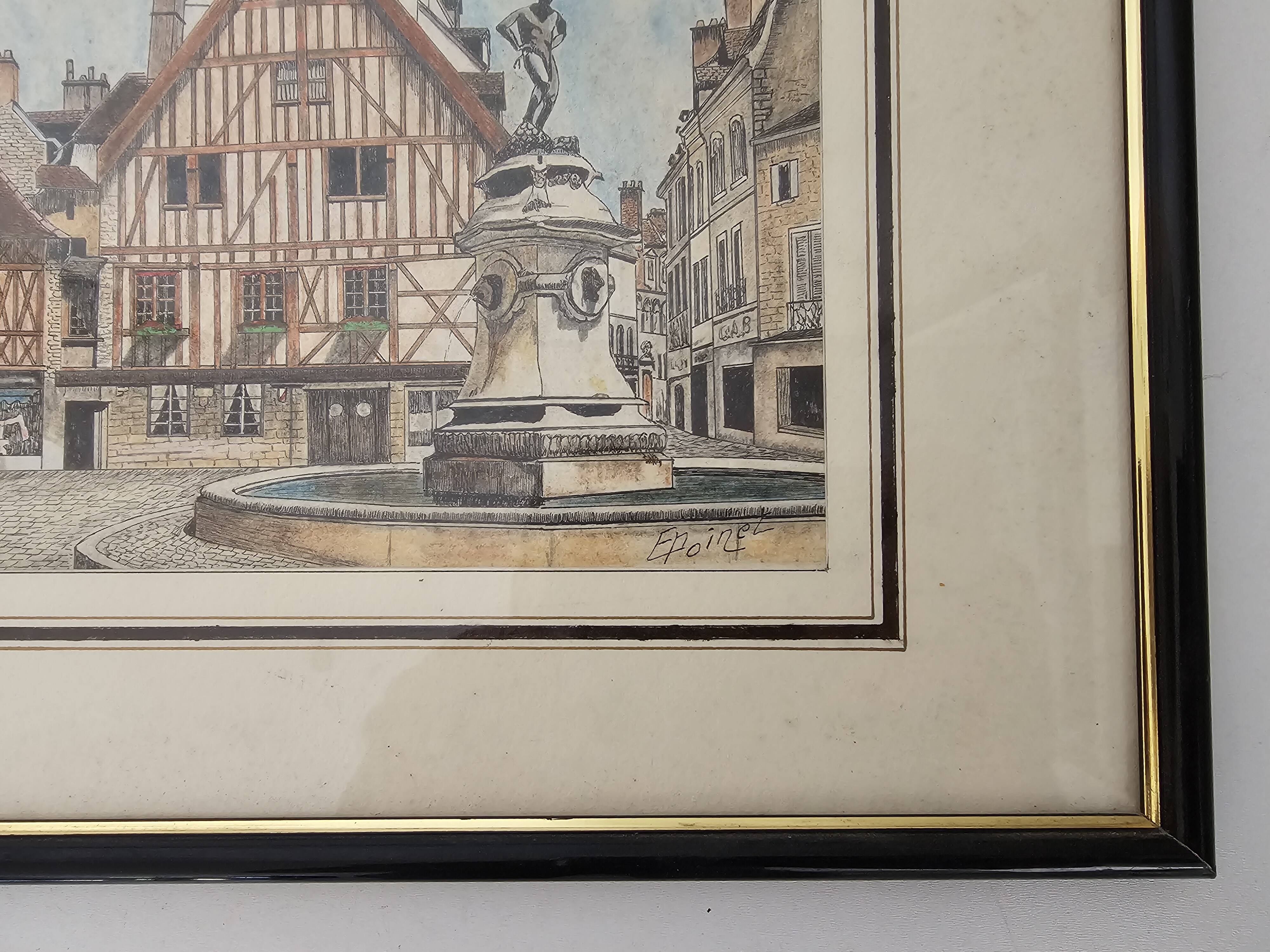 Tableau Ink and pastel - Dijon Place François-Rude - E Poinet