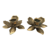 Pair of brass candle holders, duo of flowers vintage, 1970s