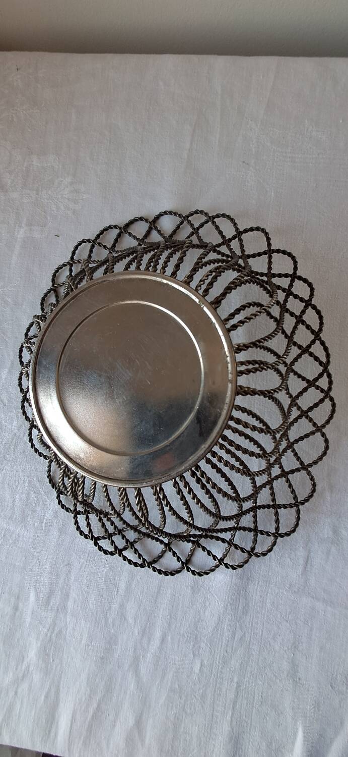 Silver-plated metal braided wire fruit basket, 1950s