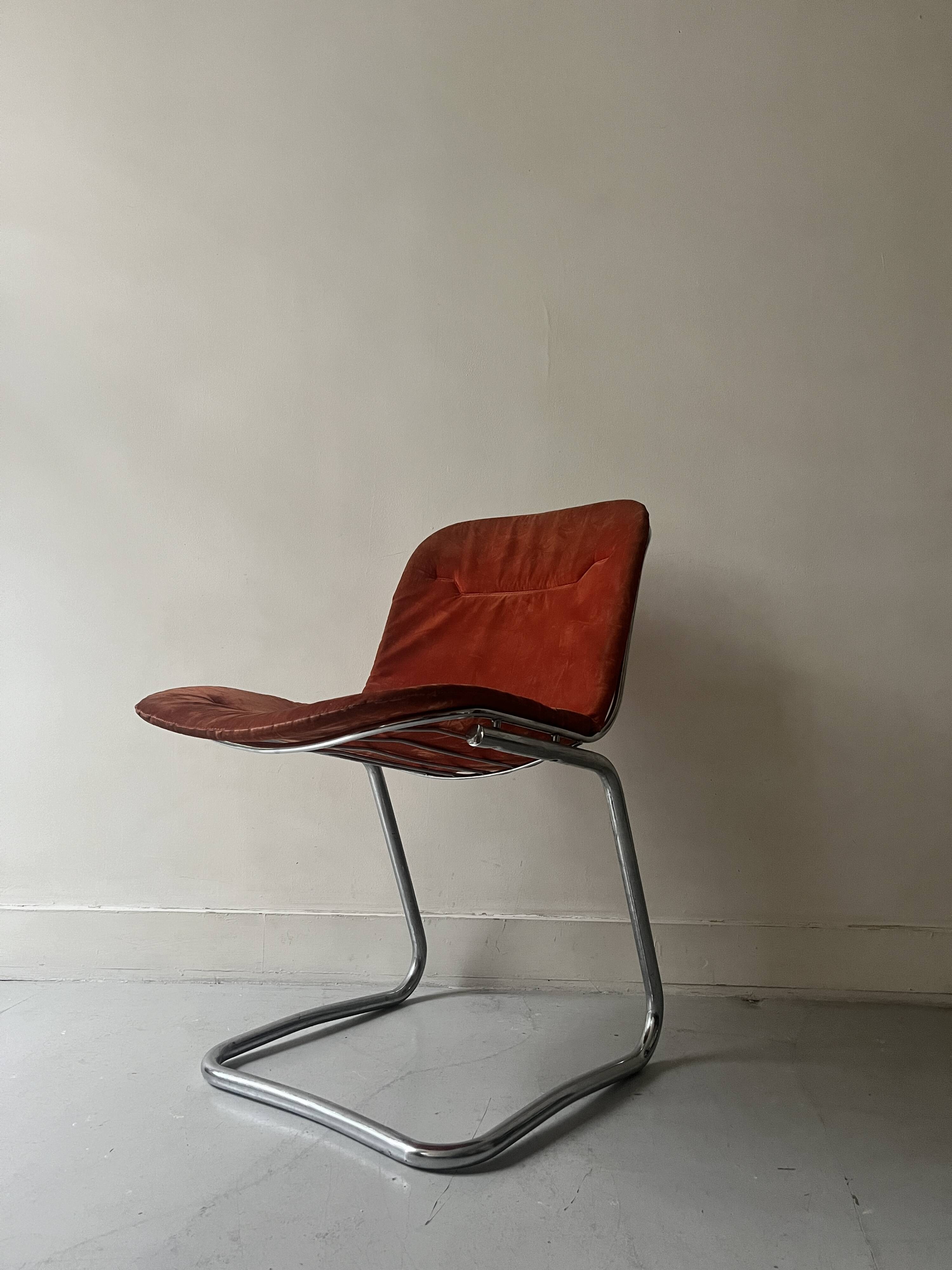 Rinaldi style chair in chromed metal and suede fabric cushion, 1970 design