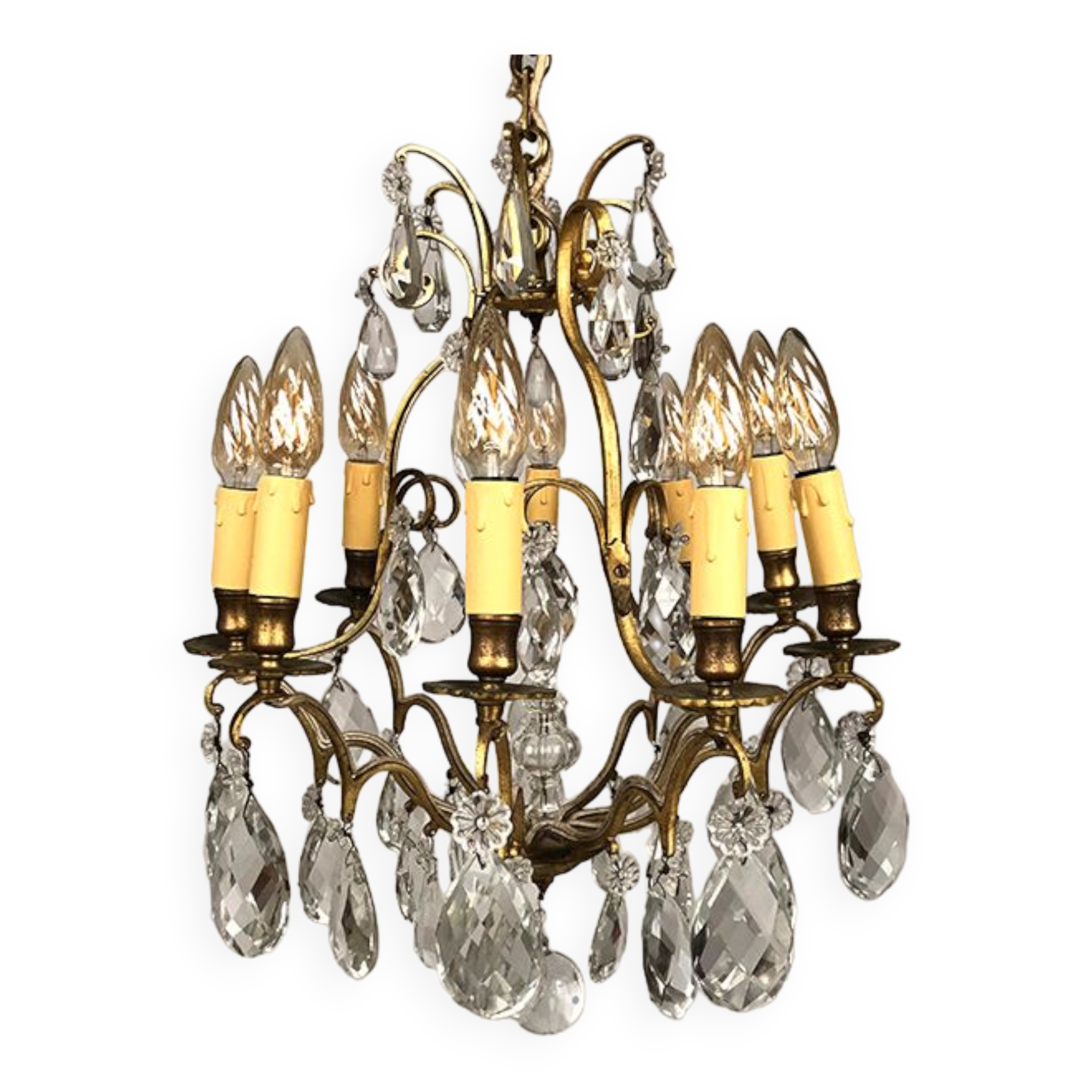 Gilded brass cage chandelier and glass tassels