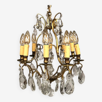 Gilded brass cage chandelier and glass tassels