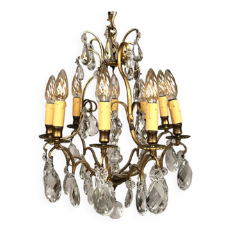 Gilded brass cage chandelier and glass tassels