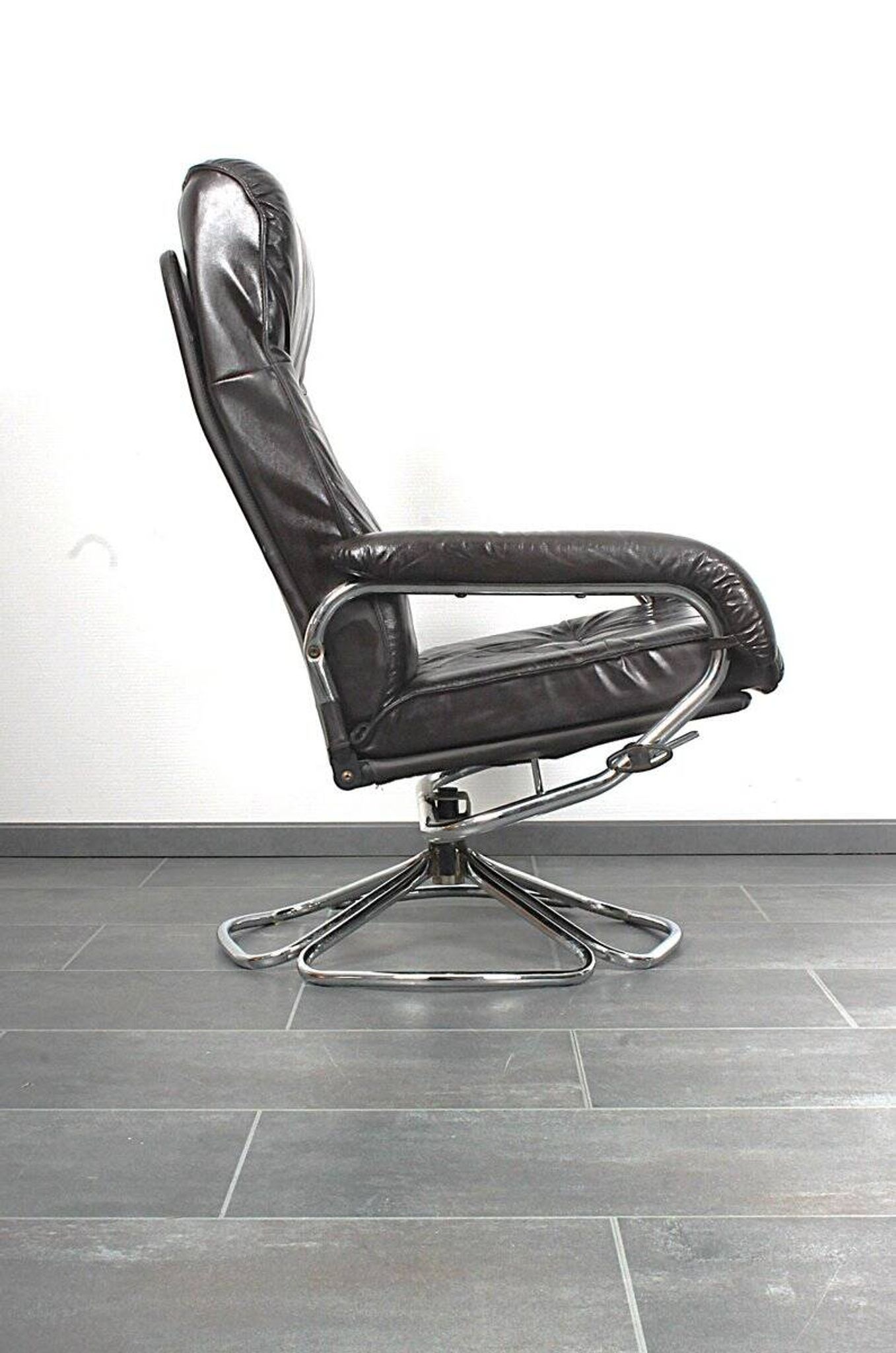 Unico 1970s Dark Brown Leather Lounge Chair and Ottoman Set of 2