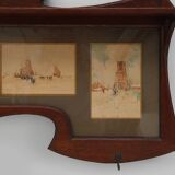 Art Nouveau Wall-Mounted Coat Rack with Framed Watercolors by Cassier, Belg
