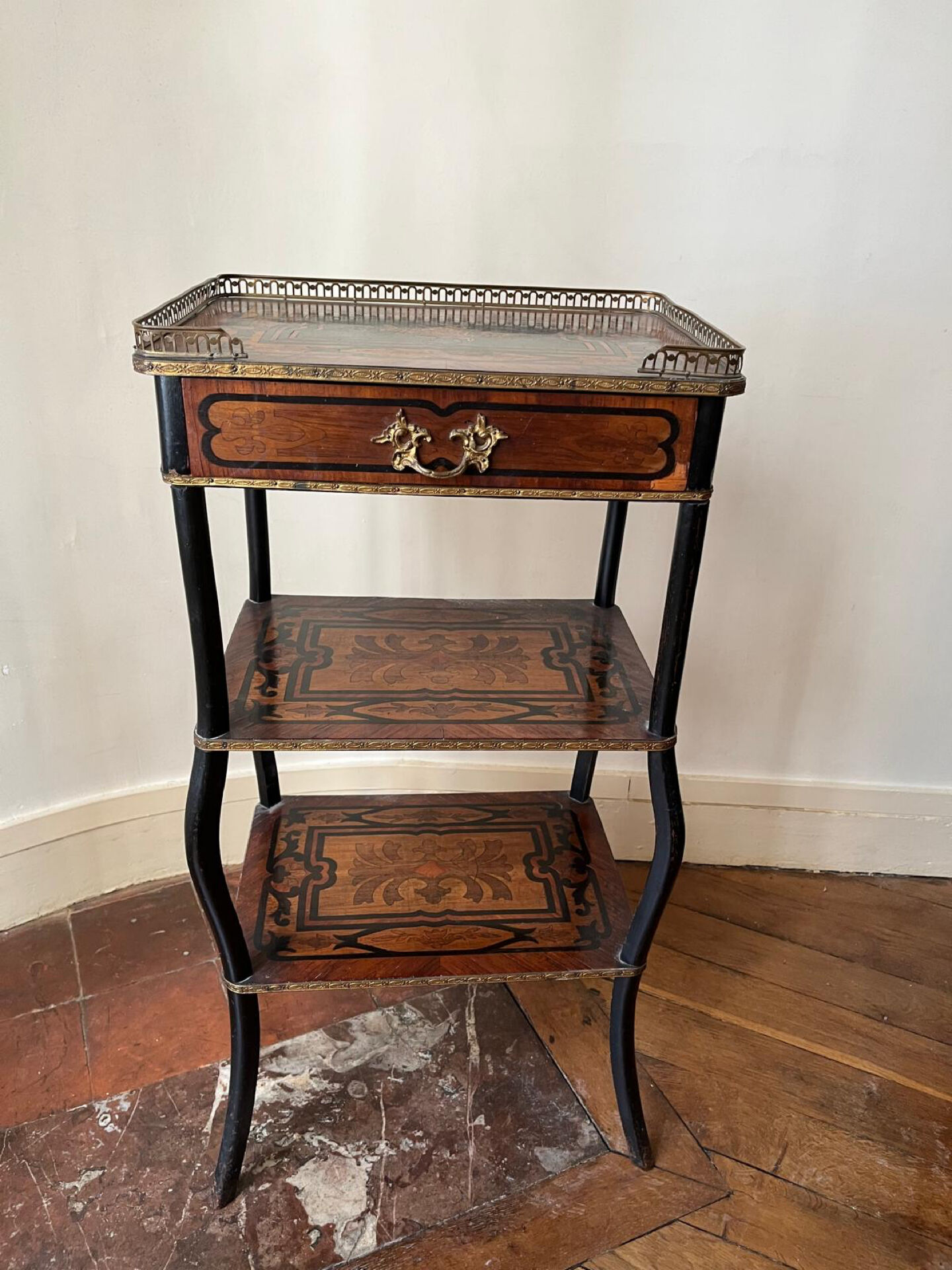 Napoleon III marquetry tiered table — rosewood, brass gallery,
