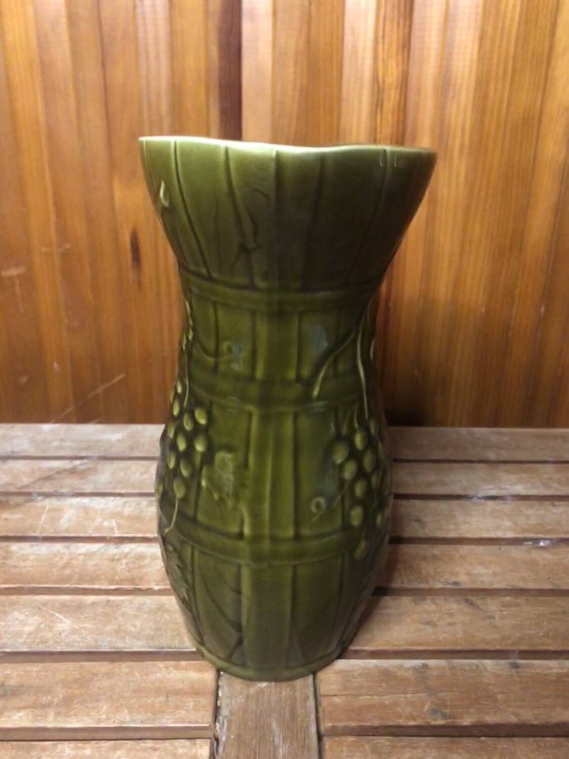 Old SARREGUEMINES Green Ceramic Pitcher Vintage Vines Decor