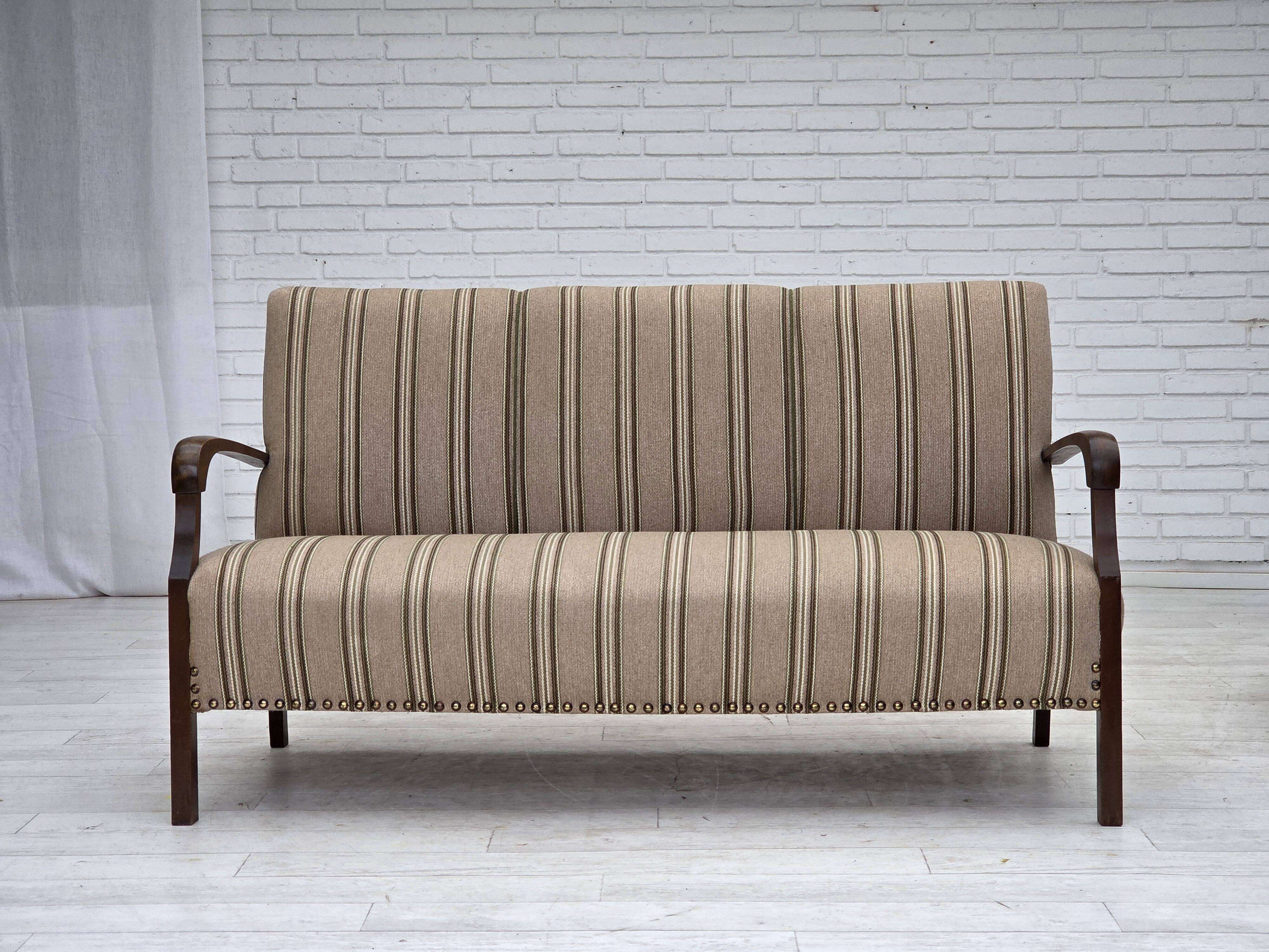 1950s, Danish 2-seater sofa, beige furniture wool fabric, beech wood legs.