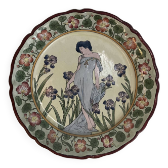 Grand plat en céramique décor Alfons Mucha