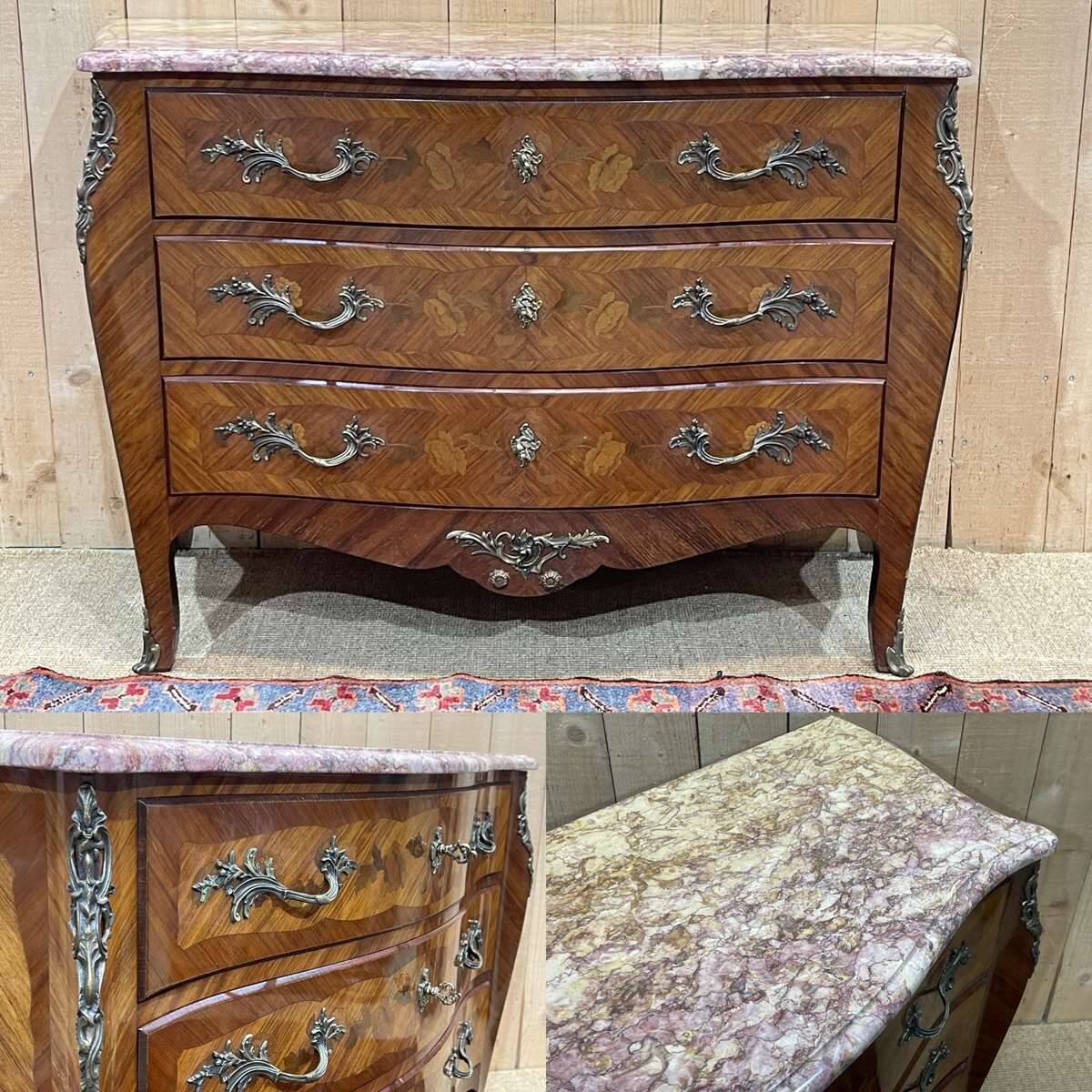 Louis XV style chest of drawers in rosewood, oak and marble top, made in the 70s