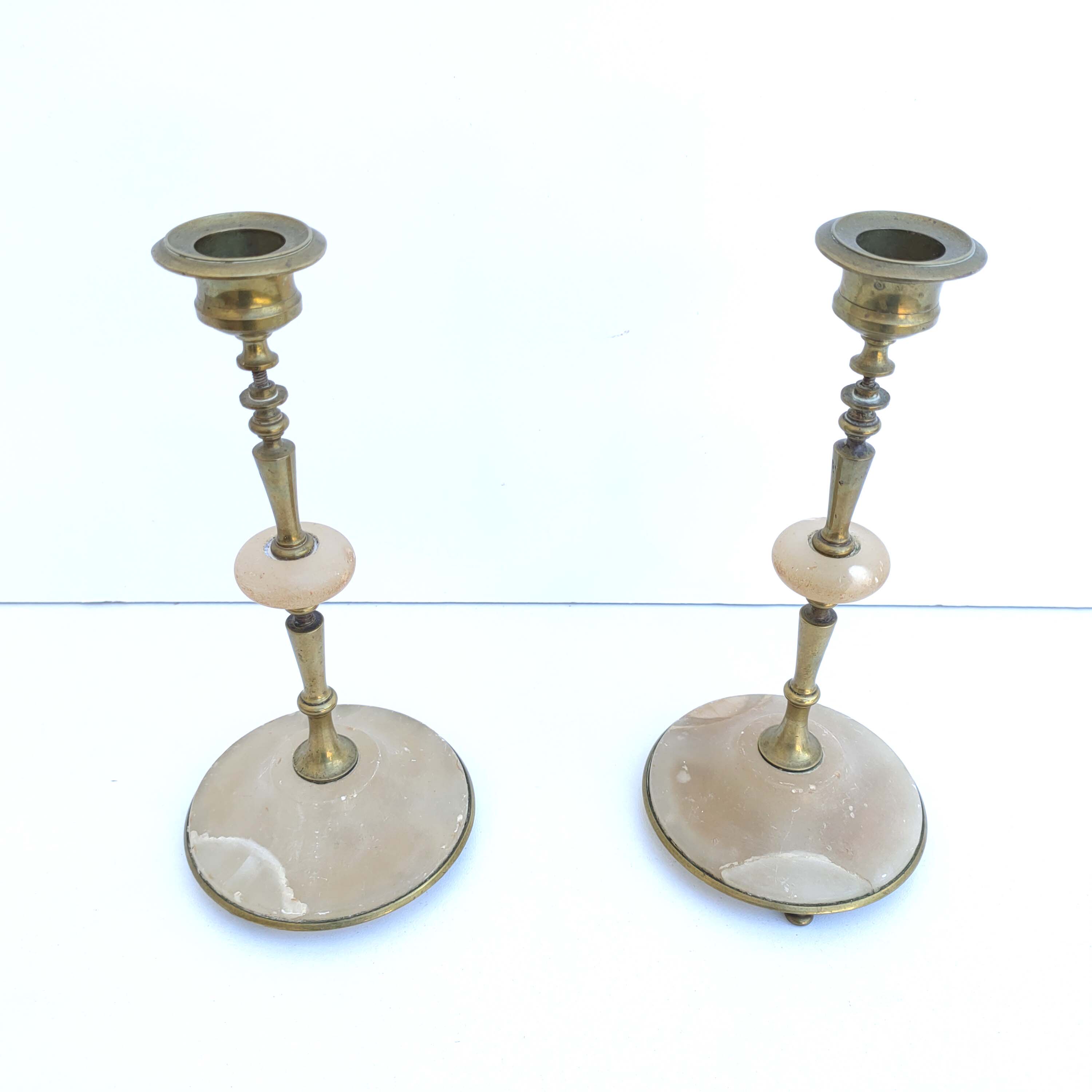 Pair brass and alabaster candlestick
