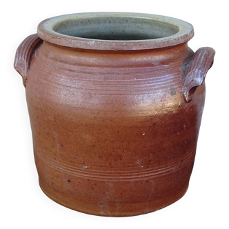 Petit pot à confit ancien en faïence française à glaçure brune salée