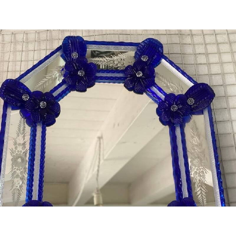 Venetian Octagonal Blue Floreal Hand-Carving Mirror in Murano Glass Style