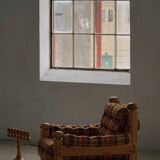 Brutalist lounge chair in solid pine, Swedish modern, made in the 1970s.