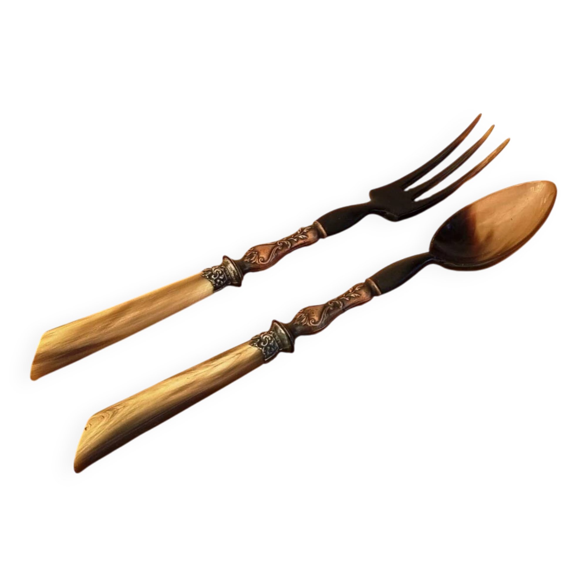 Vintage serving cutlery in horn and wrought metal