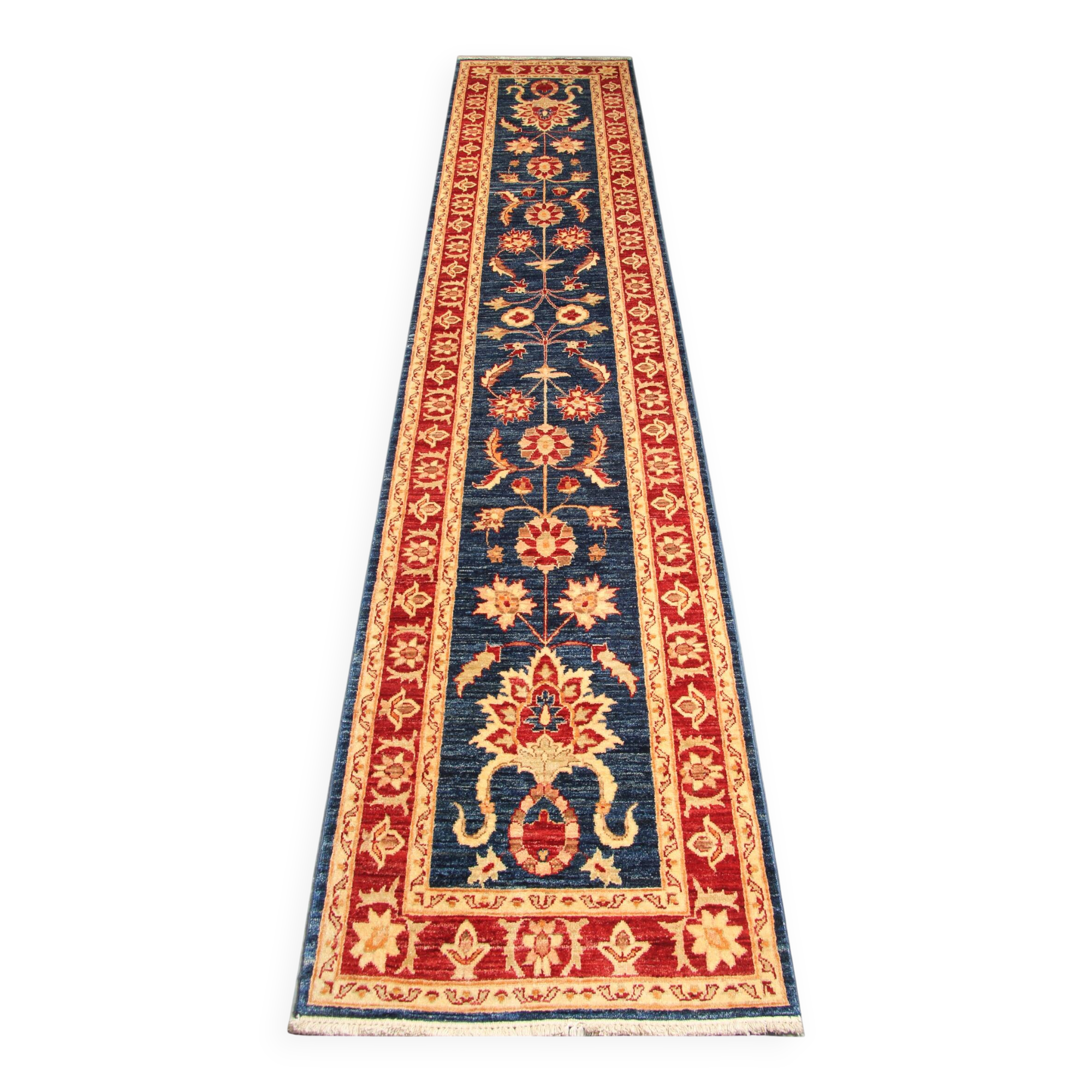 Blue Floral Hand-Knotted Runner, Traditional Wool Hallway Stair Rug 78x386