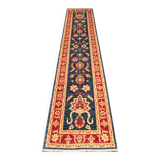 Blue Floral Hand-Knotted Runner, Traditional Wool Hallway Stair Rug 78x386