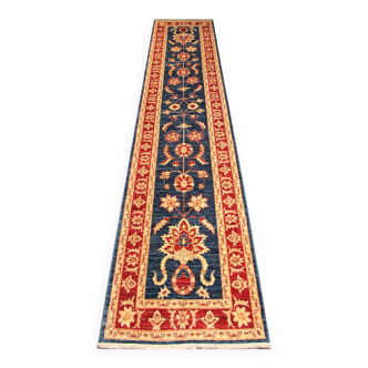 Blue Floral Hand-Knotted Runner, Traditional Wool Hallway Stair Rug 78x386